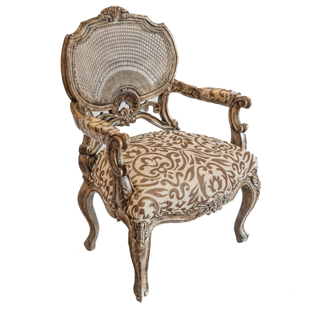 French-Style Pickled, Caned Armchair: Louis XV-style shell design pickled chairs, with caned backs. [42" H x 29 1/2" W x 22" D; 18 1/2" to seat].