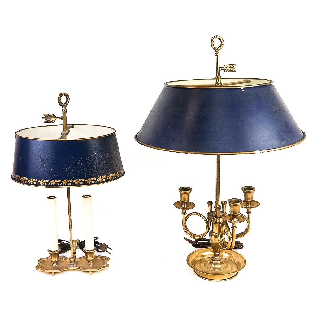 Two Gilt Metal and Blue Tole Bouillotte Lamps (1 of 11)