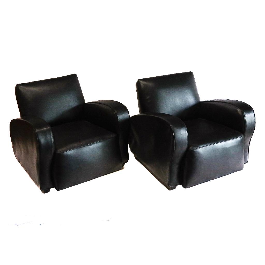 Pair of Art Deco Club Chairs, Circa 1930: Pair of Art Deco club chairs, circa 1930, later re-upholstered. [29" H x 31 1/2" W x 31 1/2" D]. Scattered marks and light wear.