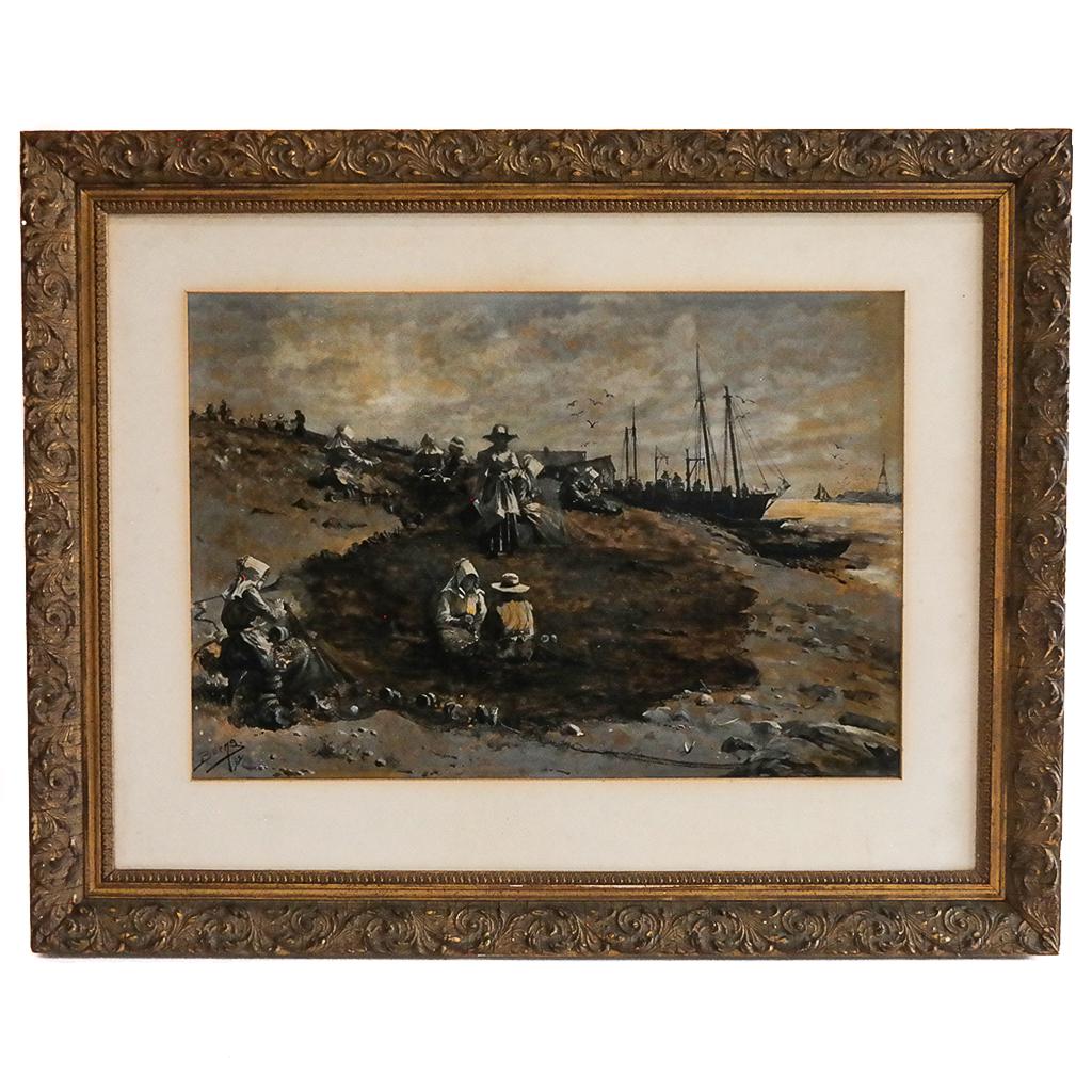 Milton James BURNS: Fishing Village - Oil Painting: Milton James Burns (American, 1853-1933) oil on canvas painting of Pilgrim-like people on the shore of a fishing village, signed lower left, dated '92. [Art: 14" H x 20 1/2" W; Frame: 24" H x 30" W].