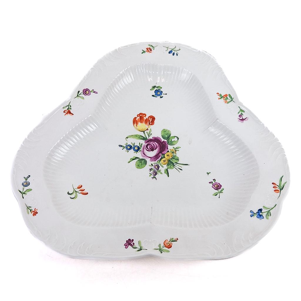 German Rococo-Style Painted Porcelain Dish: Late 19th century, with rose floral decoration. Red marks to base. [1 1/2 x 12 1/2 x 12 1/2 inches]. Marks, rubbing, wear, residue.