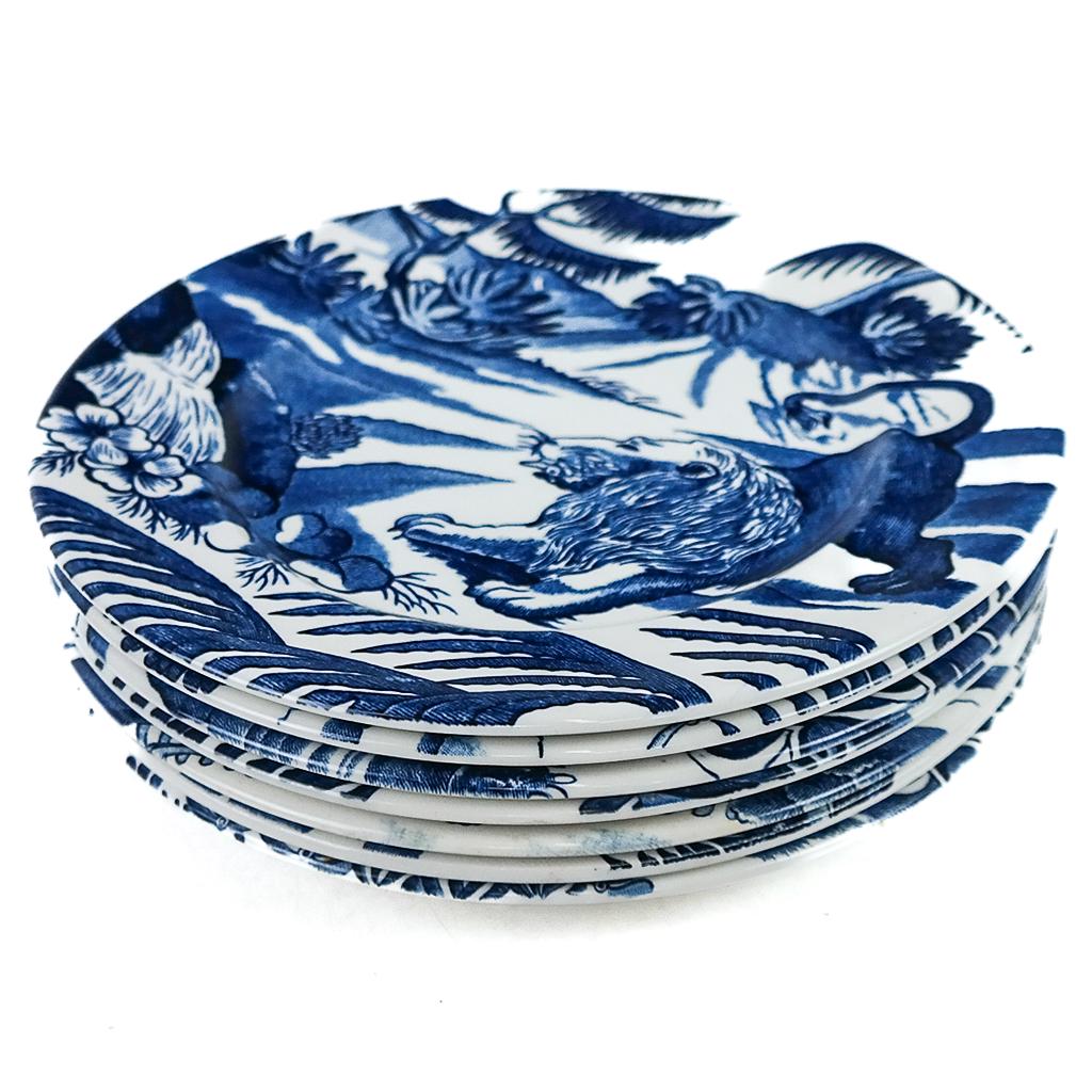 Tiffany & Co. Ironstone Blue and White Plates: 7 Tiffany & Co. ironstone blue and white plates by Johnson Bros. with royal warrant, in the 'Menagerie' pattern. Marked to bases. [8 diam. inches]. Minor wear.