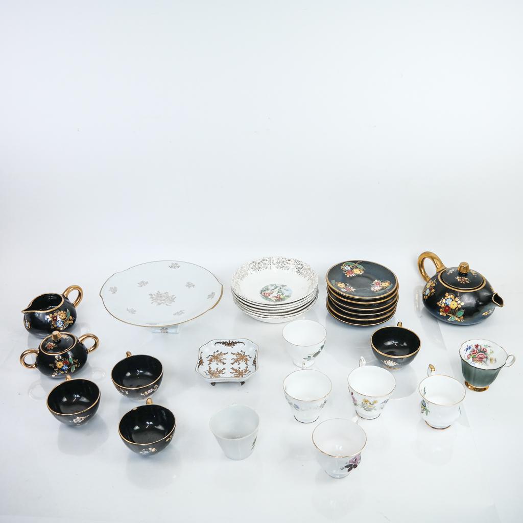 Assembled Group of Floral Decorated Tableware: Assembled group of porcelain and transferware tableware, some marked to bases. 28 pieces. [Stand: 4" H x 10 1/2" Diam.]. A few with chips, marks and wear to decoration.