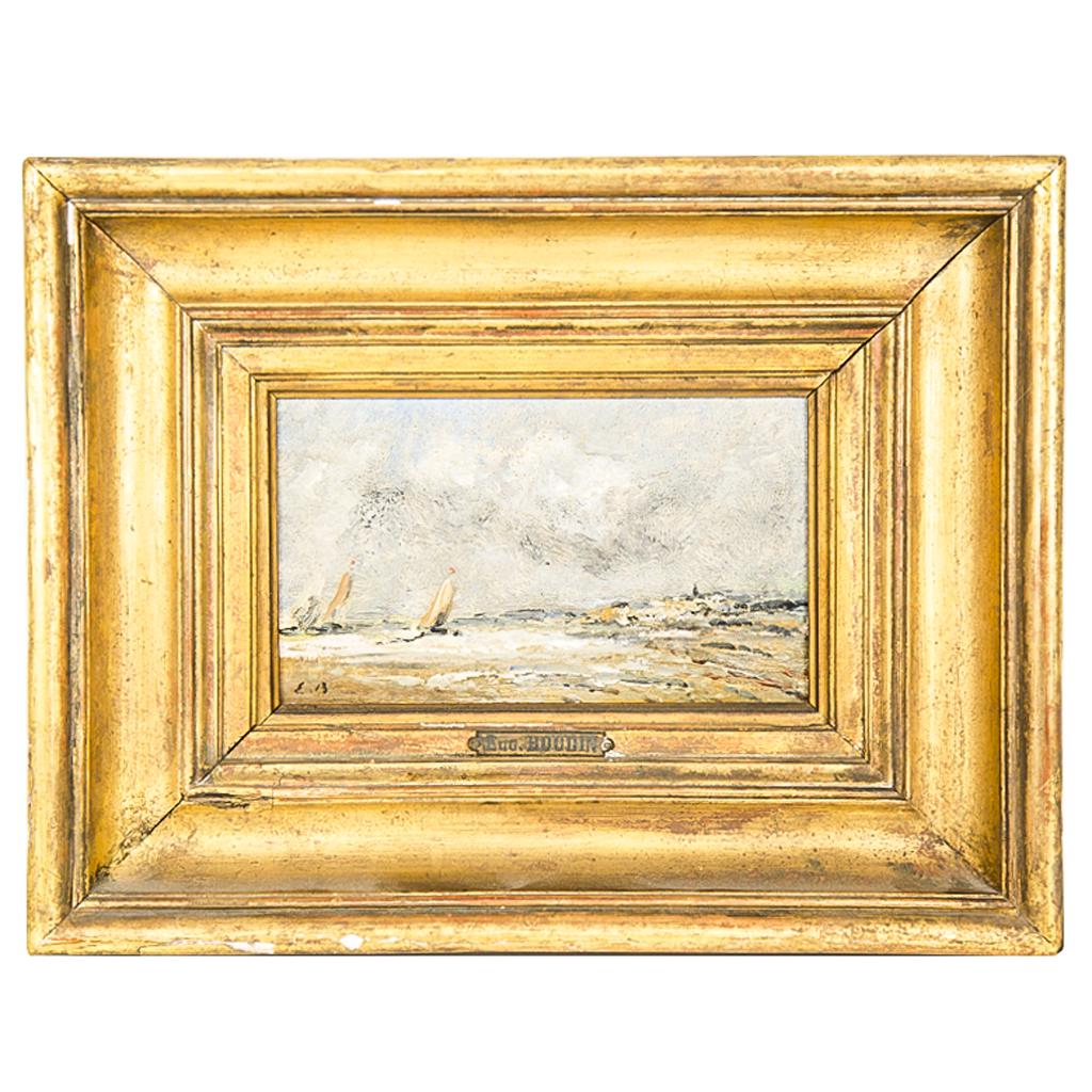 After Eugene BOUDIN: Seaside Landscape with Boats: After Eugene BOUDIN (French, 1824-1898). "Lowering Weather," seaside landscape with boats, bossibly Deauville or Trouville, France. Oil on wood panel. Bears initials lower left. Late 19th century. [Si