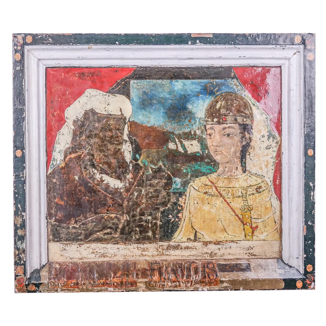 Religious Mixed Media Painting on Wood: Religous-themed study by an unknown artist, in oil and mixed media on wood panel with lacquer finish, depicting two figures, continuing to lower frame with block-style letters, "Francis...". [Art: 20