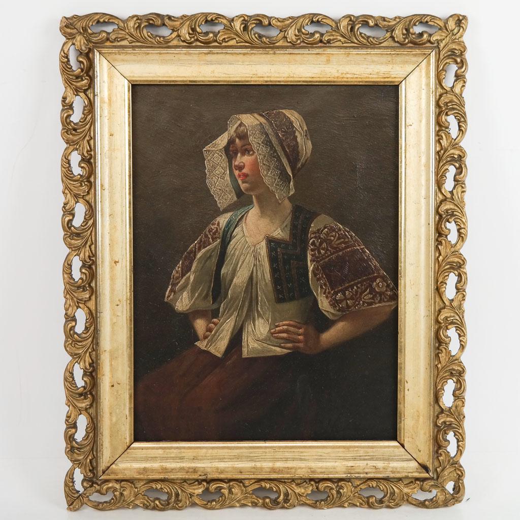 Jules BASTIEN: Portrait of a Woman - Oil Painting: Jules Bastien (French, 1848-1884) portrait study of a peasant woman with lace hat and white vest, signed lower right, bearing label on back. [Art: 10" H x 7 1/2" W; Frame: 14" H x 12" W].