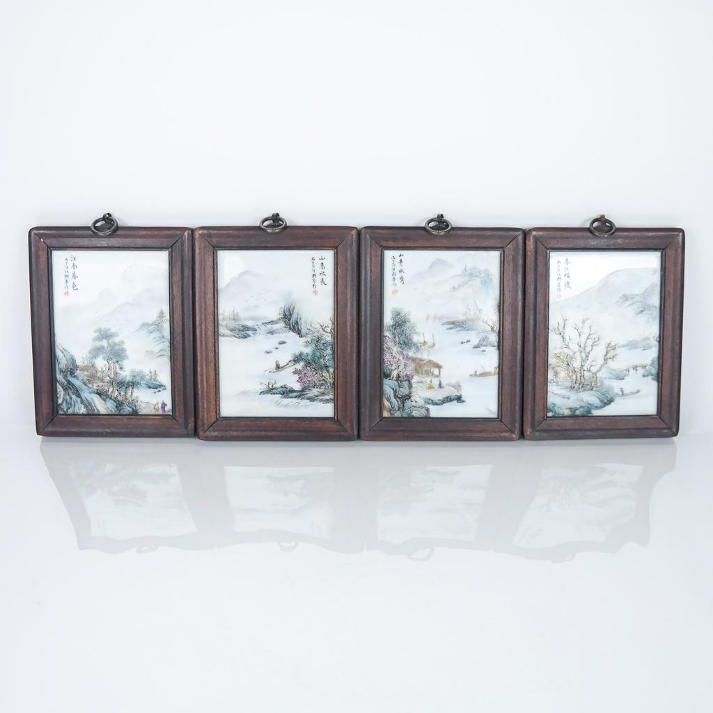 4 Asian Framed Porcelain Plaques, Landscape Decor (1 of 15)