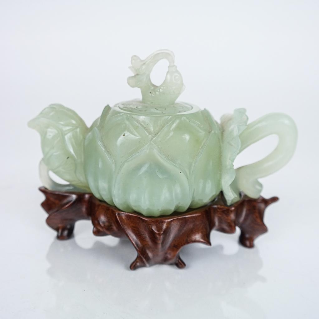 Carved Hardstone Teapot and Cover w/ Wood Stand (1 of 7)