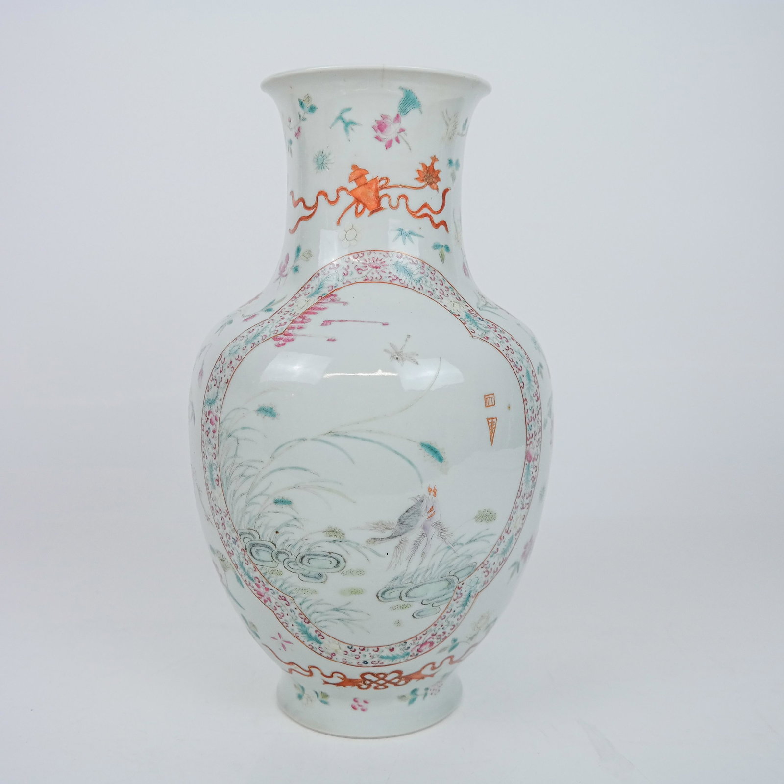 Chinese Porcelain Vase: Chinese porcelain vase, marked to underside, drilled for wiring. [12" H x 7" Diam.].