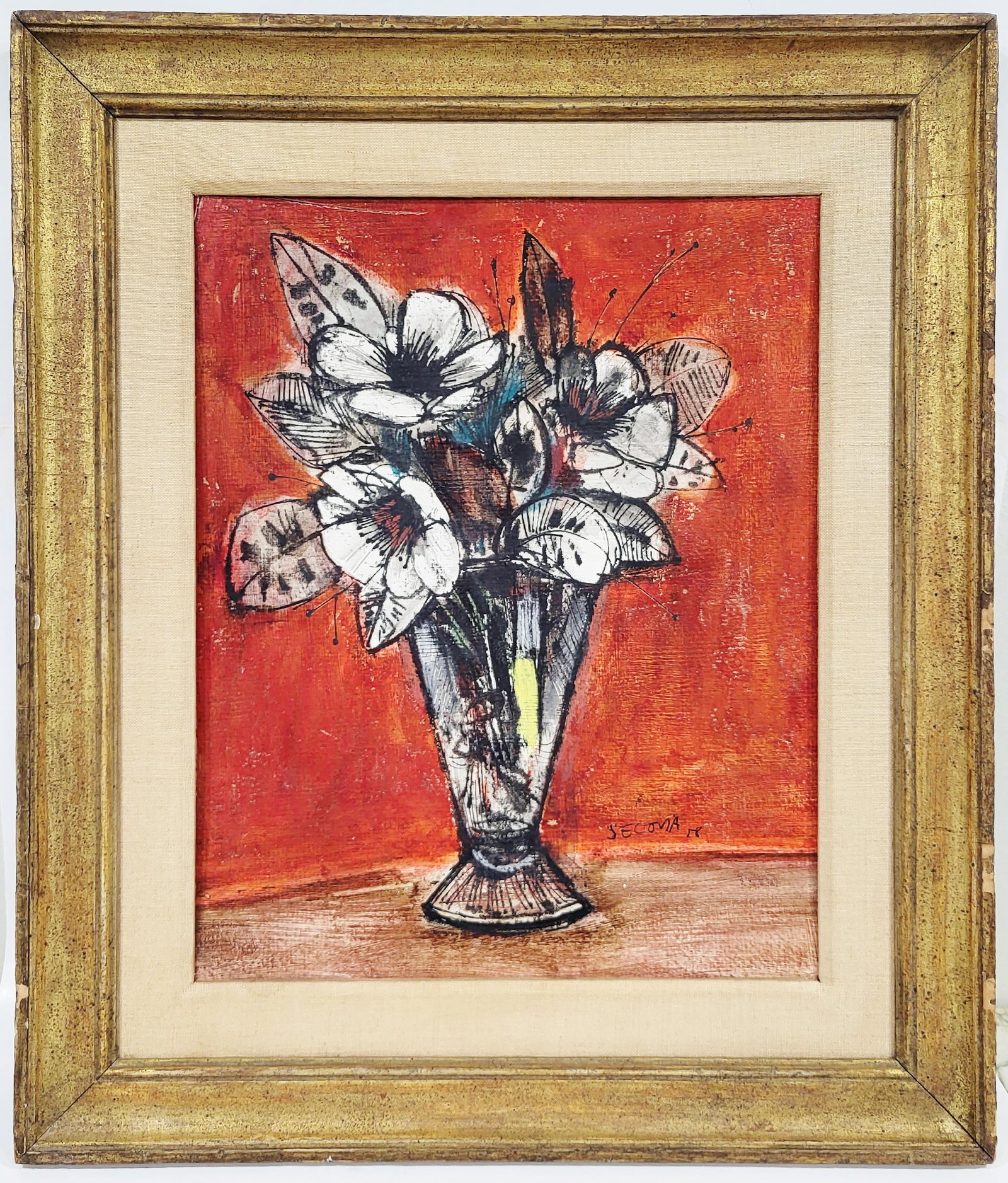 SEGOVIA: Floral Still Life - Oil on Board Painting: Oil on artist board painting of a still life with vase of flowers, signed "Segovia", bearing Paris label on back. [Art: 18 1/2" H x 12 1/4" W; Frame: 21" H x 18 1/2" W].