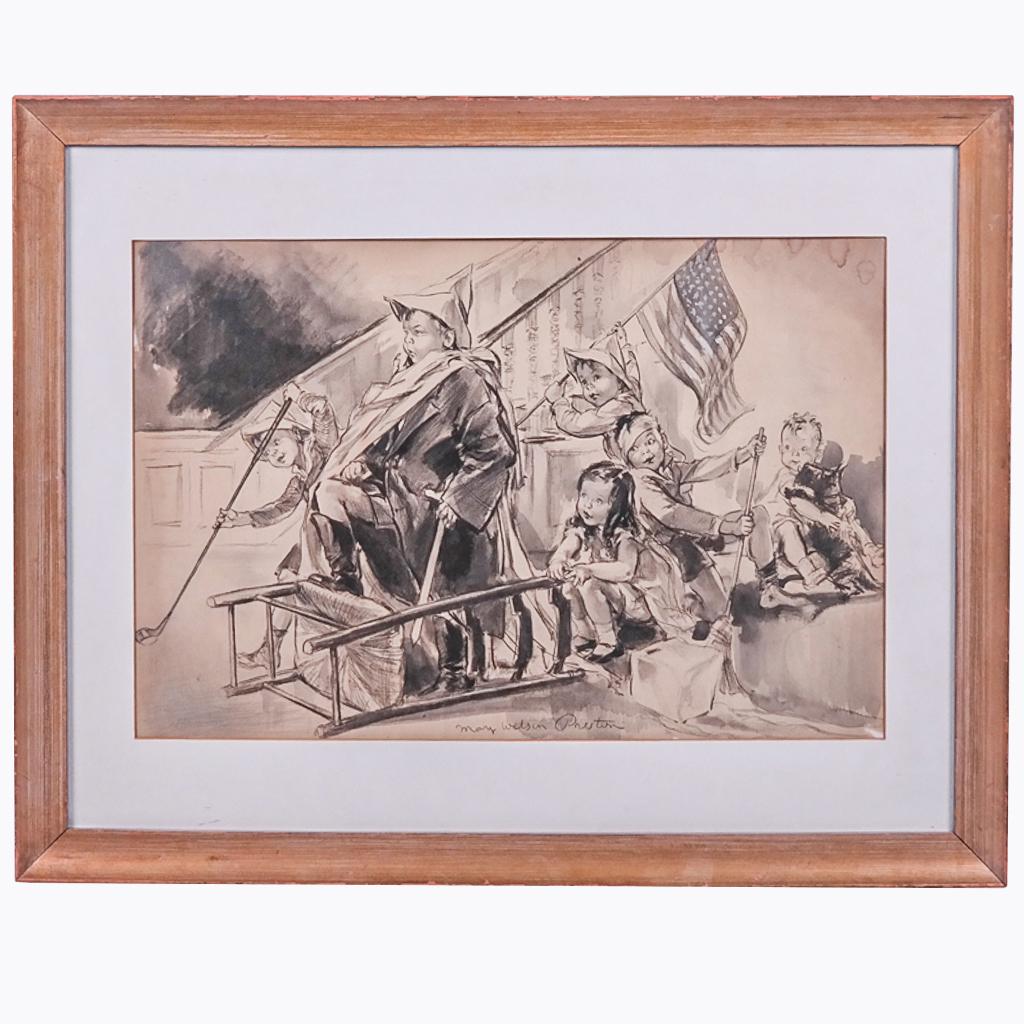 May (Mary) W. PRESTON: Children in a Play - Drawin: "Washington Crossing the Delaware", a well-observed and amusing drawing of children in a patriotic play, by May (Mary) Wilson Preston (American, 1873-1949), a leading illustrator of her time. Stain to