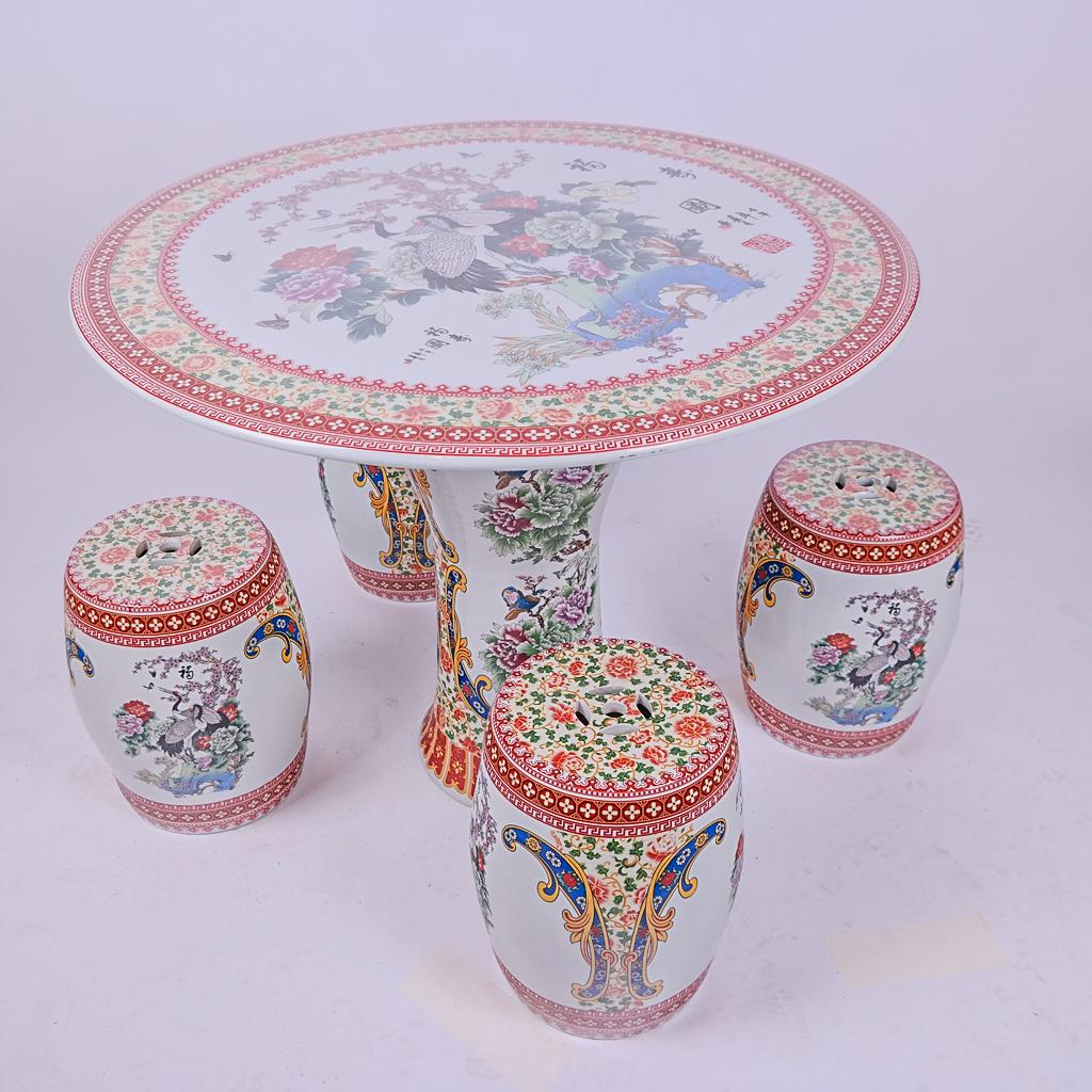 Chinese Polychrome Ceramic Table & 4 Stools (1 of 18)