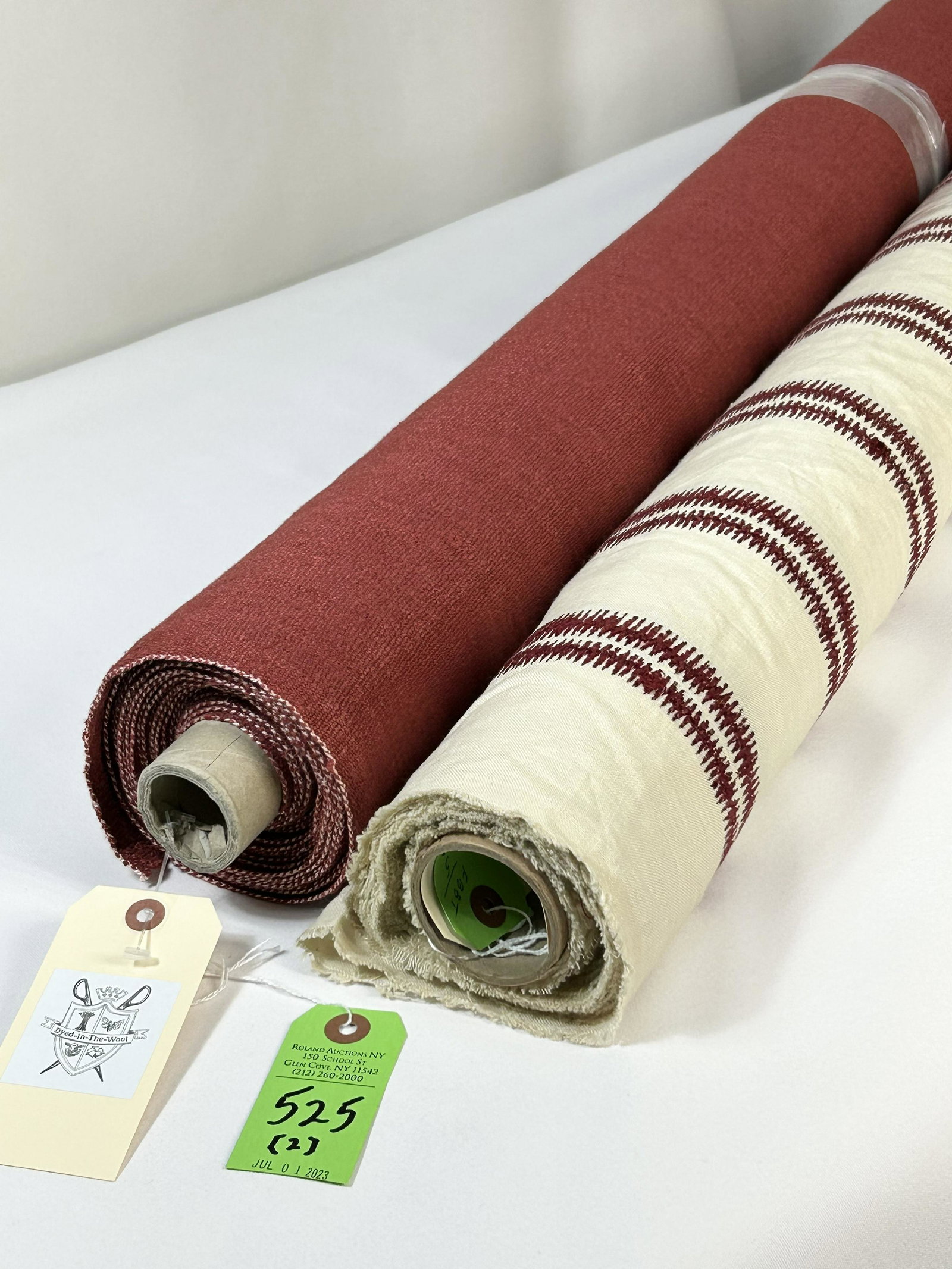 Schumacher and Namy Samy Indian Fabrics: 1) 7 1/2 yards of Schumacher's "Paloma Embroidery" in color "Fez", red on cream, #68794, 51" wide. The vertical stripe has a horizontal repeat of 4 1/4". 2) 6 yards of Namy Samy hand-woven 100% silk c