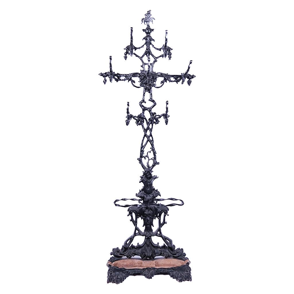 Antique Iron Coat-Umbrella Stand: Early 20th century black painted stand with line. [80 x 27 x 15 inches].