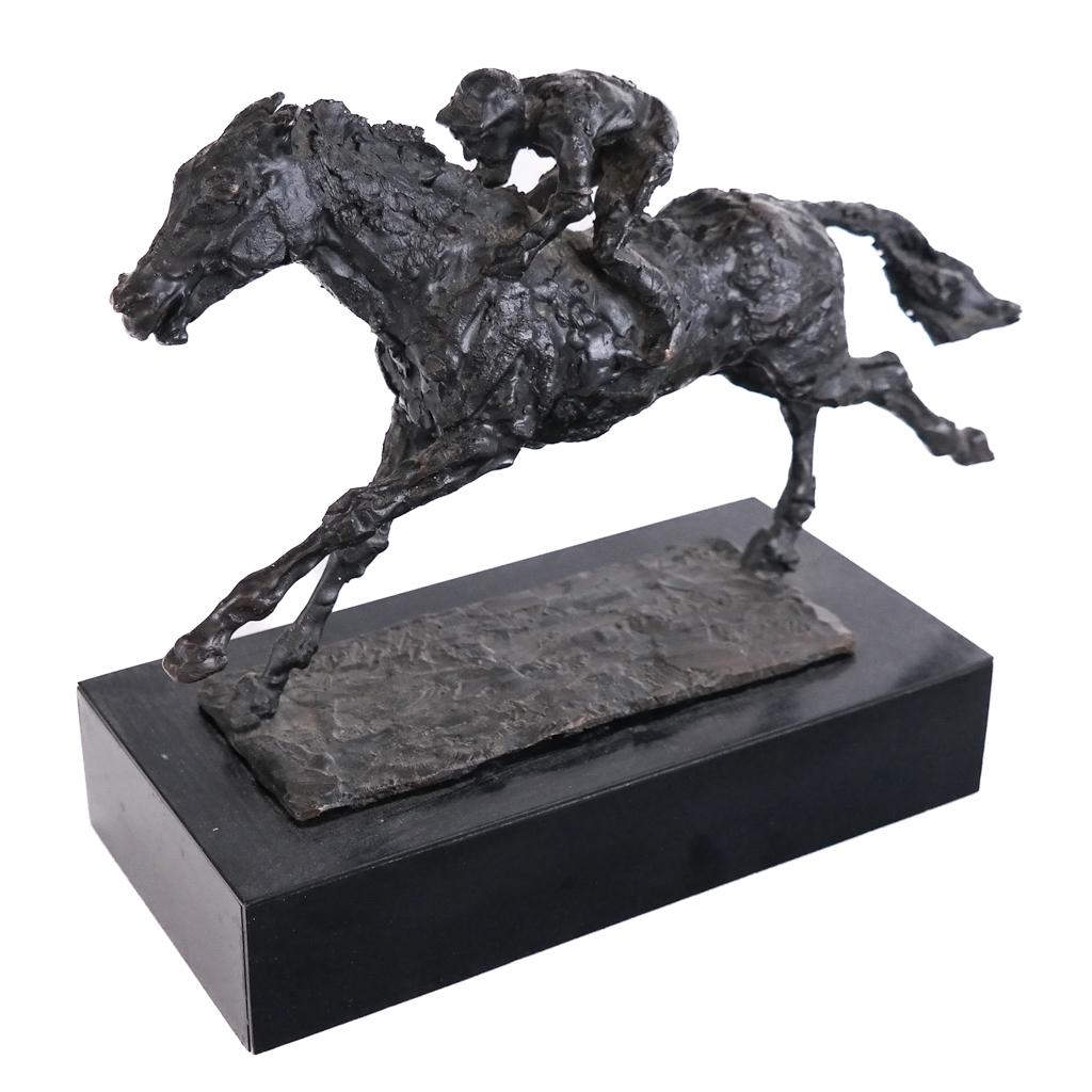George GACH: Horse & Jockey - Bronze Sculpture: George Gach (Hungarian, 1909-1996) bronze sculpture of equestrian interest, depicting a horse and jockey with brutalist modern design on black plinth base, signed to base, circa 1970s. [8" H overall; 