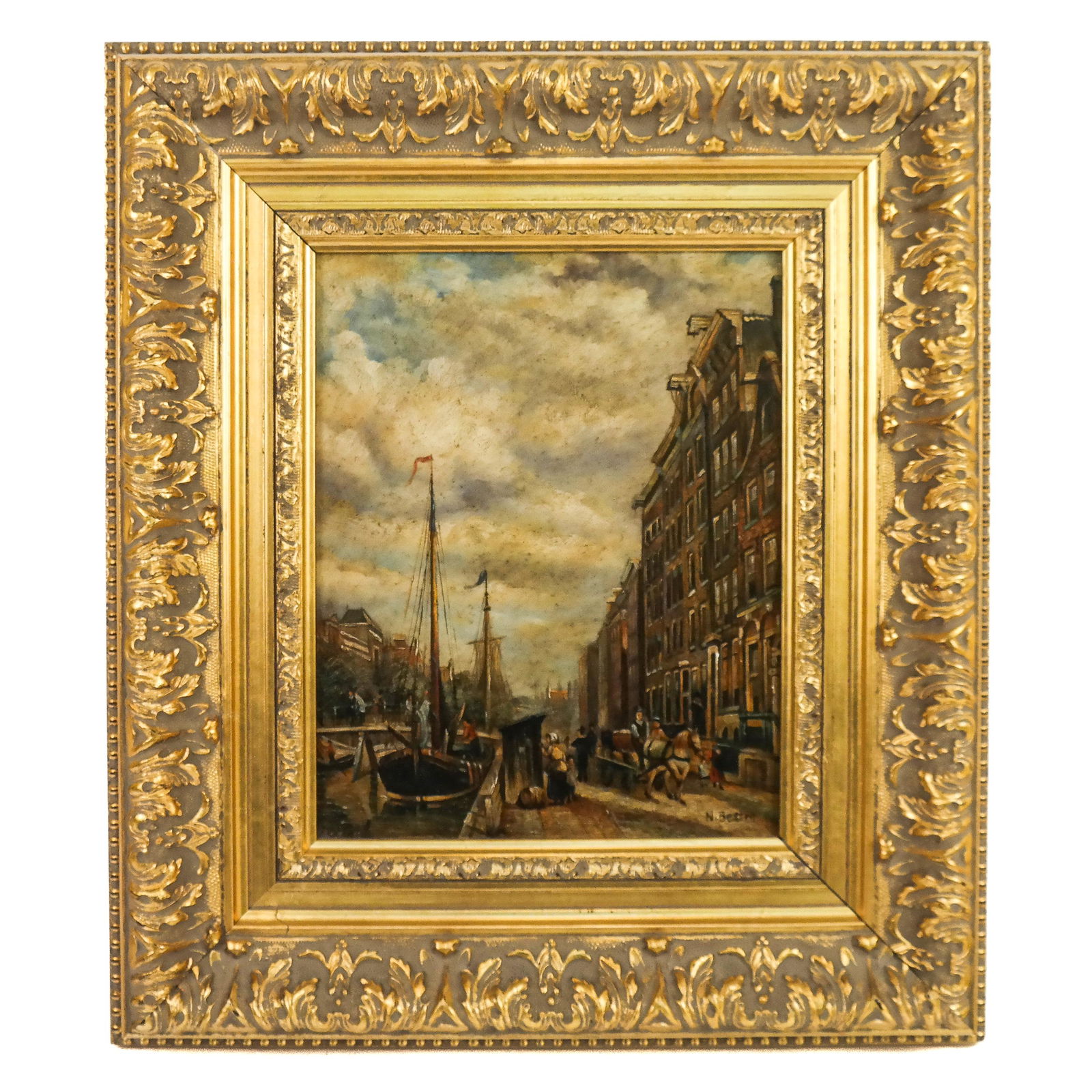 N. BERTIN: Dutch Canal Scene - Oil on Panel (1 of 9)