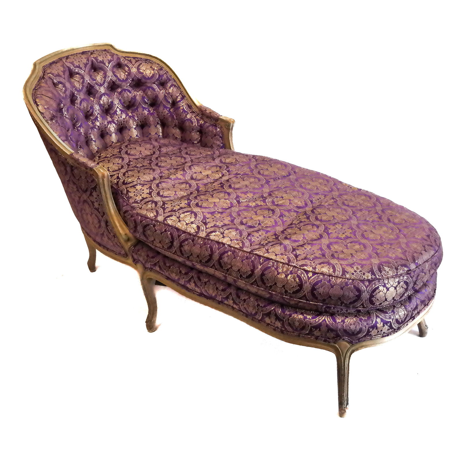 Louis XV-Style Carved Chaise Longue: Louis XV-style carved chaise longue with paint-decorated frame and brocade upholstery. 20th century. [35" H x 26" W x 66" D]. Losses and marks to frame; wear to upholstery.