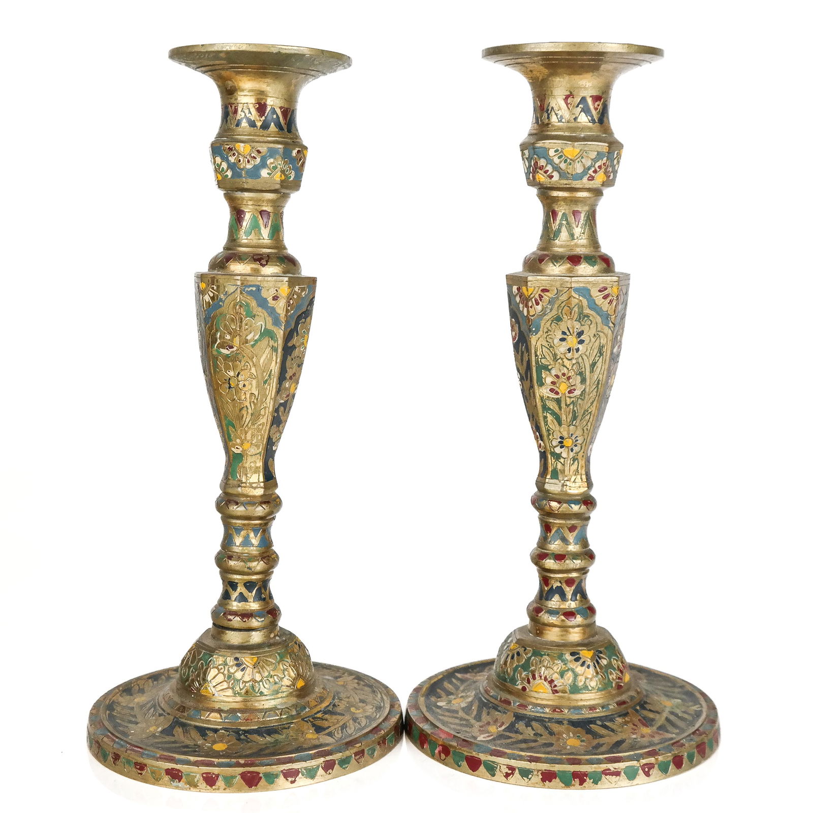 Pair of Brass Enameled Candlesticks (1 of 8)