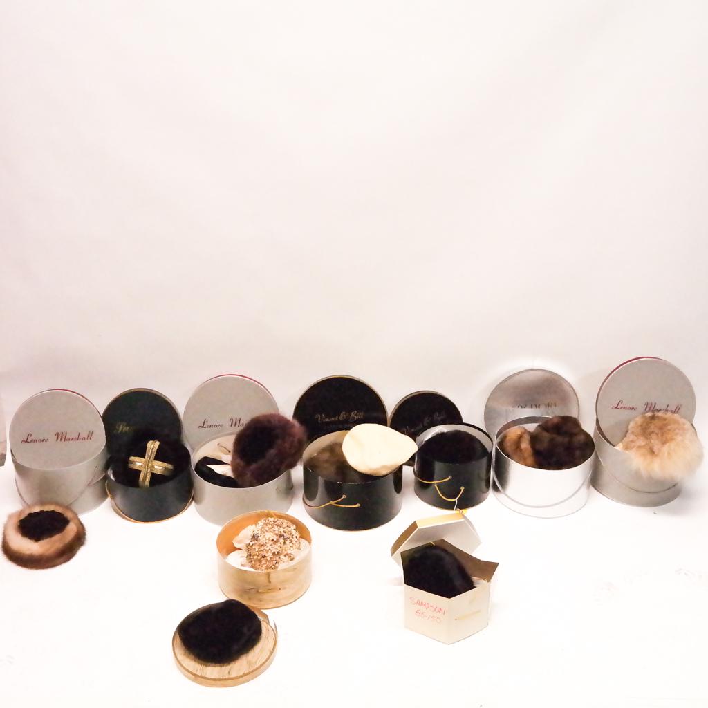 Eight Hat Boxes with Fur, Silk and Other Hats: Eight hatboxes with ladies hats, by Charles Jourdan, Lenor Marshal, Vincent & Bill, and others; some vintage.