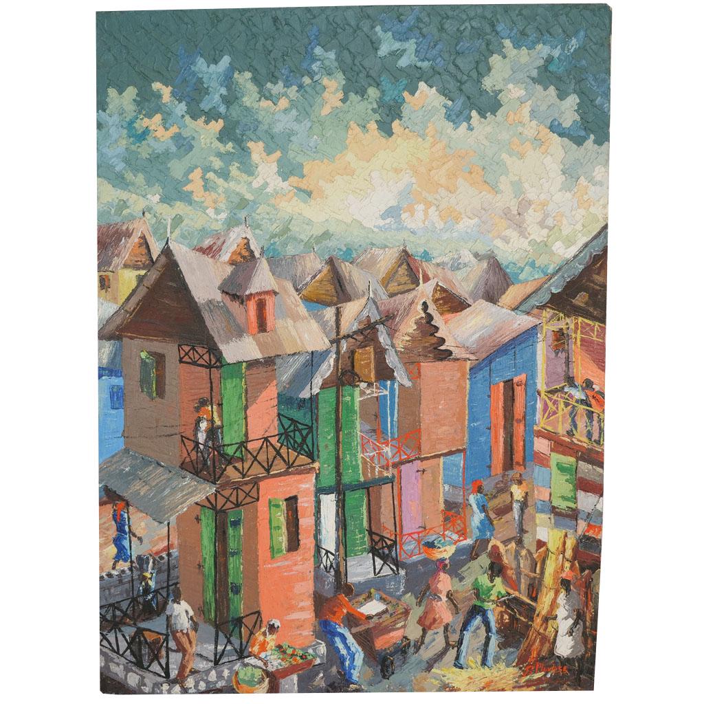 D. PLUVIOSE: Figural Cityscape - Oil/Canvas: Oil on canvas Haitian figural cityscape by Dieudonne Pluviose, unframed. Provenance: From the Eileen and Marvin Reingold Collection. [30" H x 22" W]. In good condition.
