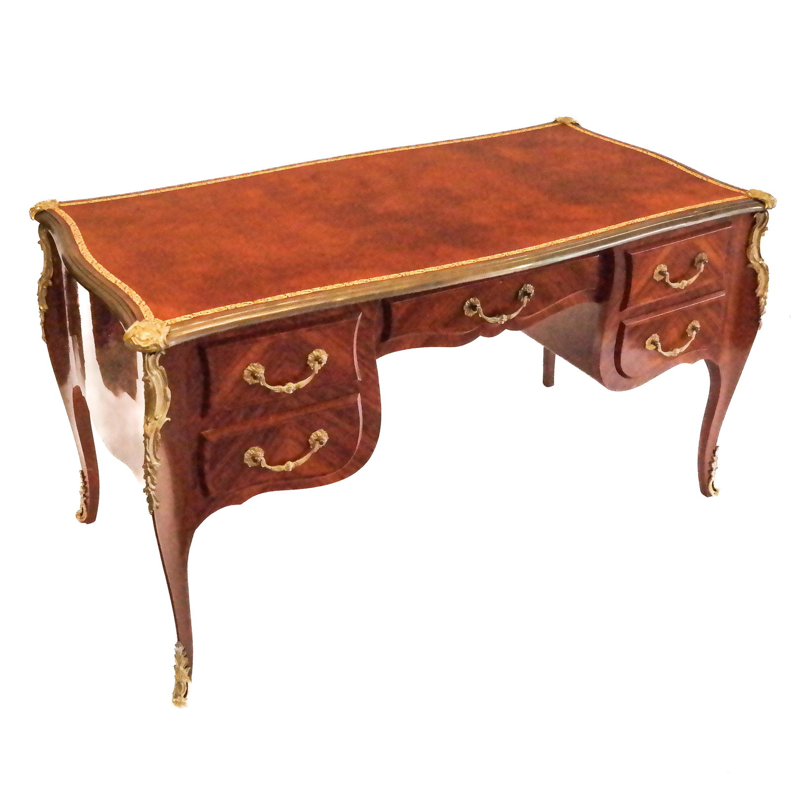 Louis XV-Style Bronze-Mounted Bureauplat: Louis XV-style gilt bronze bureauplat, late 20th century, the desk with tooled leather top and five front drawers, opposing faux drawers, raised on cabriole lets. [31 1/2" H x 57 1/2" W x 30" D]. Top 