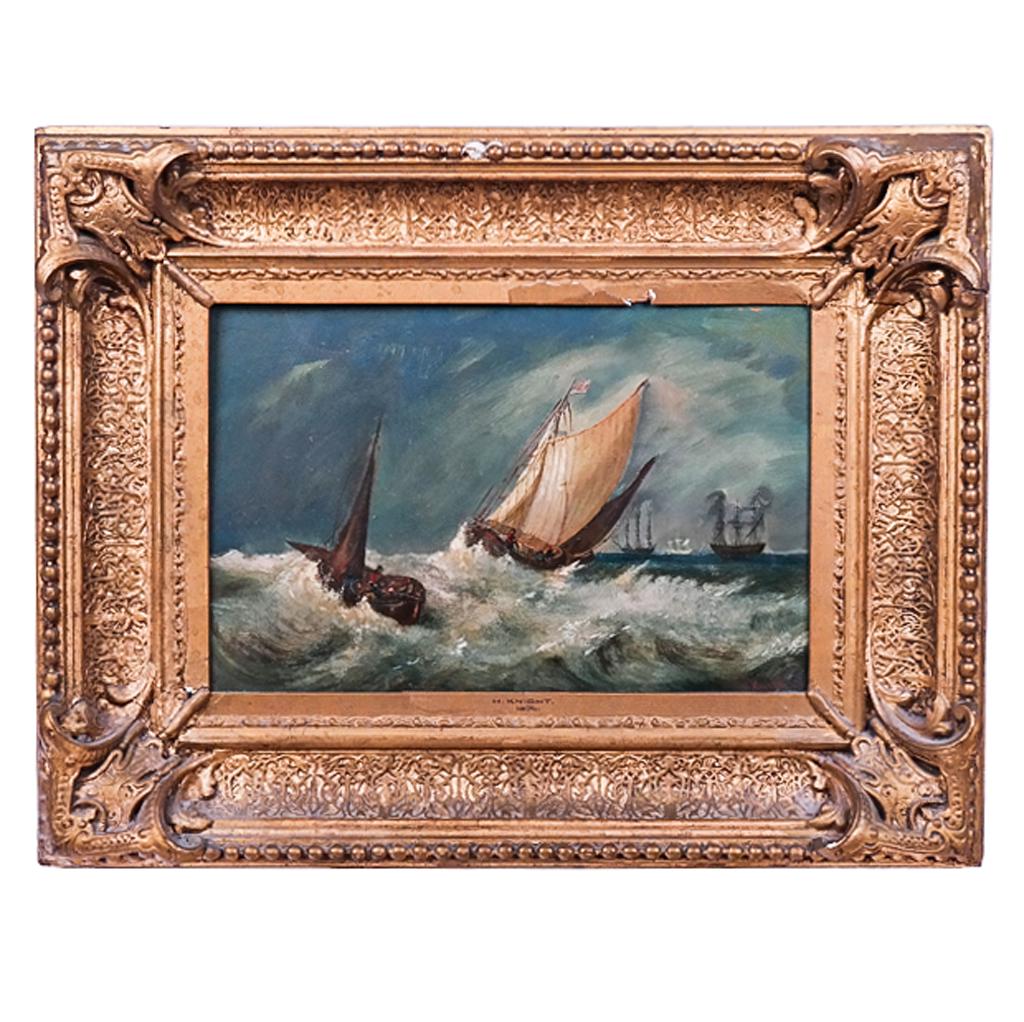 H. KNIGHT: Ships on Stormy Seas Painting: Ornate gilt famed painting of ships on the ocean in rough seas, signed in red, lower right. [Art: 12 x 18 inches; Frame: 21 1/2 x 27 1/2 inches]. In overall good condition.