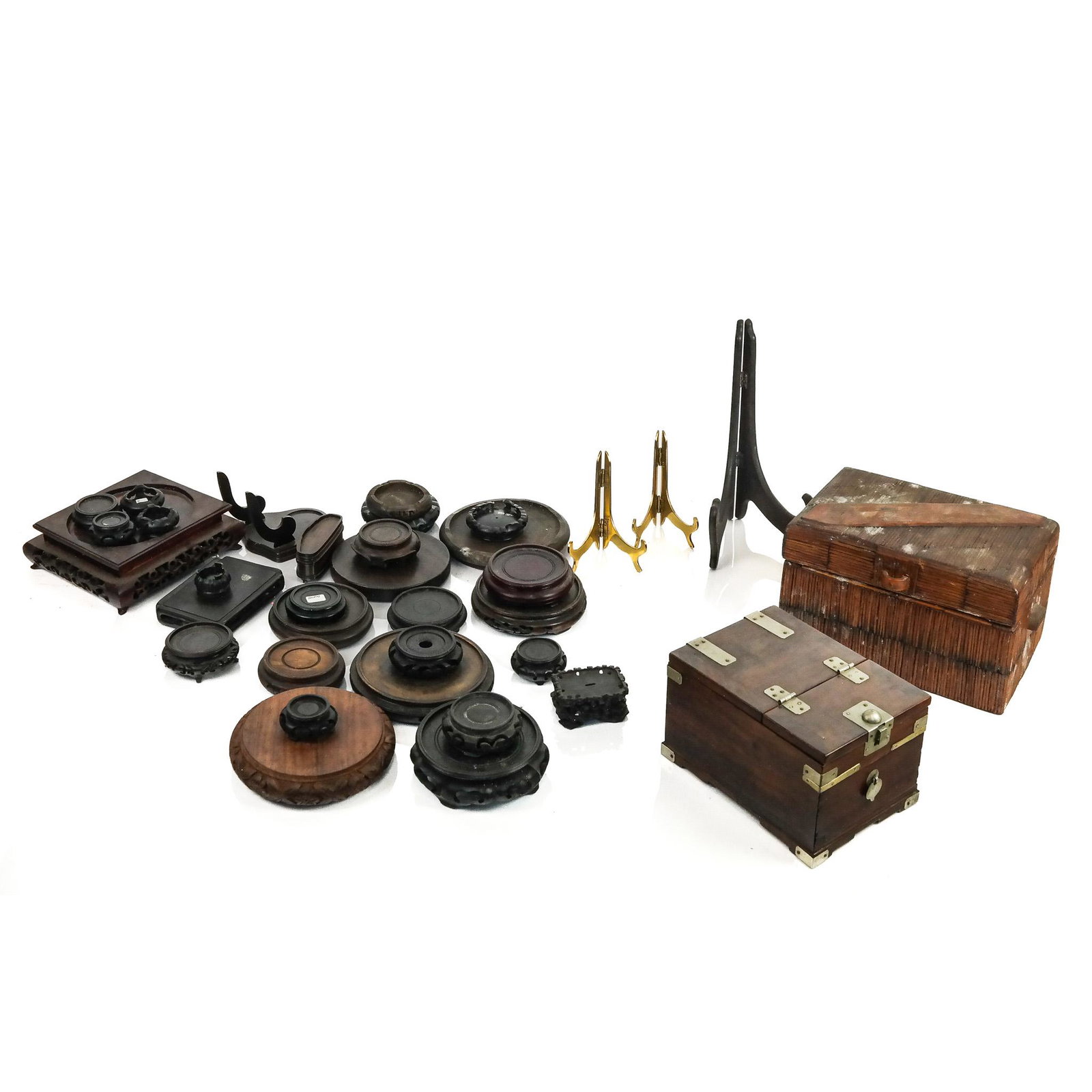 Assorted Wood Stands and a Box: Assorted (mostly round) stands and a metal mounted box.