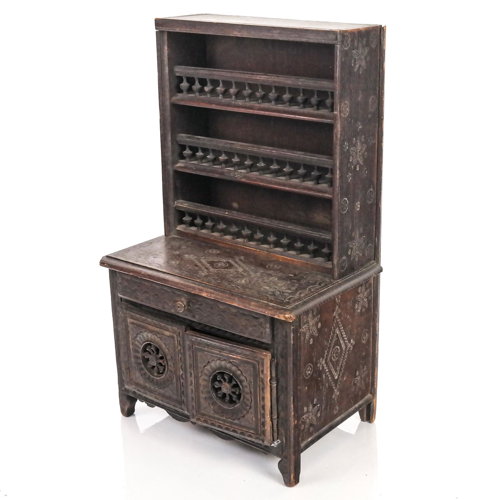 Miniature Carved Oak Hutch Dresser Cabinet (1 of 7)
