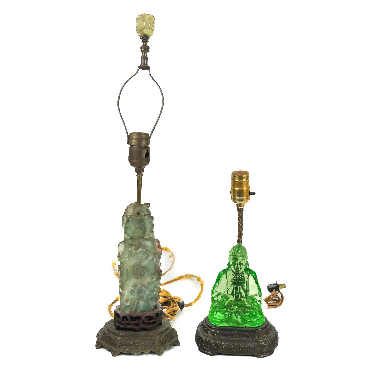 Two Vintage Chinese Glass & Quartz Lamps: Two vintage Chinese glass and quartz lamps, 20th century. [Taller: 23 1/4" H x 6" W x 3" D]. Frayed wires.