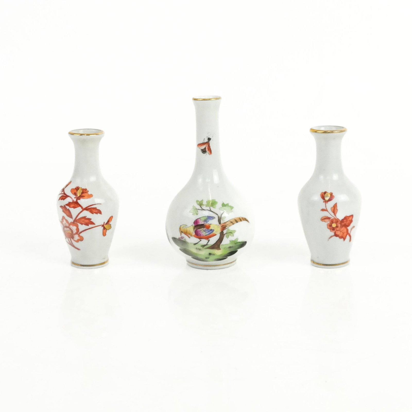 Herend Hungarian Group of Miniature Vases (36): Herend Hungarian group of miniature vases, 20th century, in the Rothschild bird pattern and the orange Apponyi Bouquet of Chinese Flowers pattern, marked to bases. Minor marks and wear.