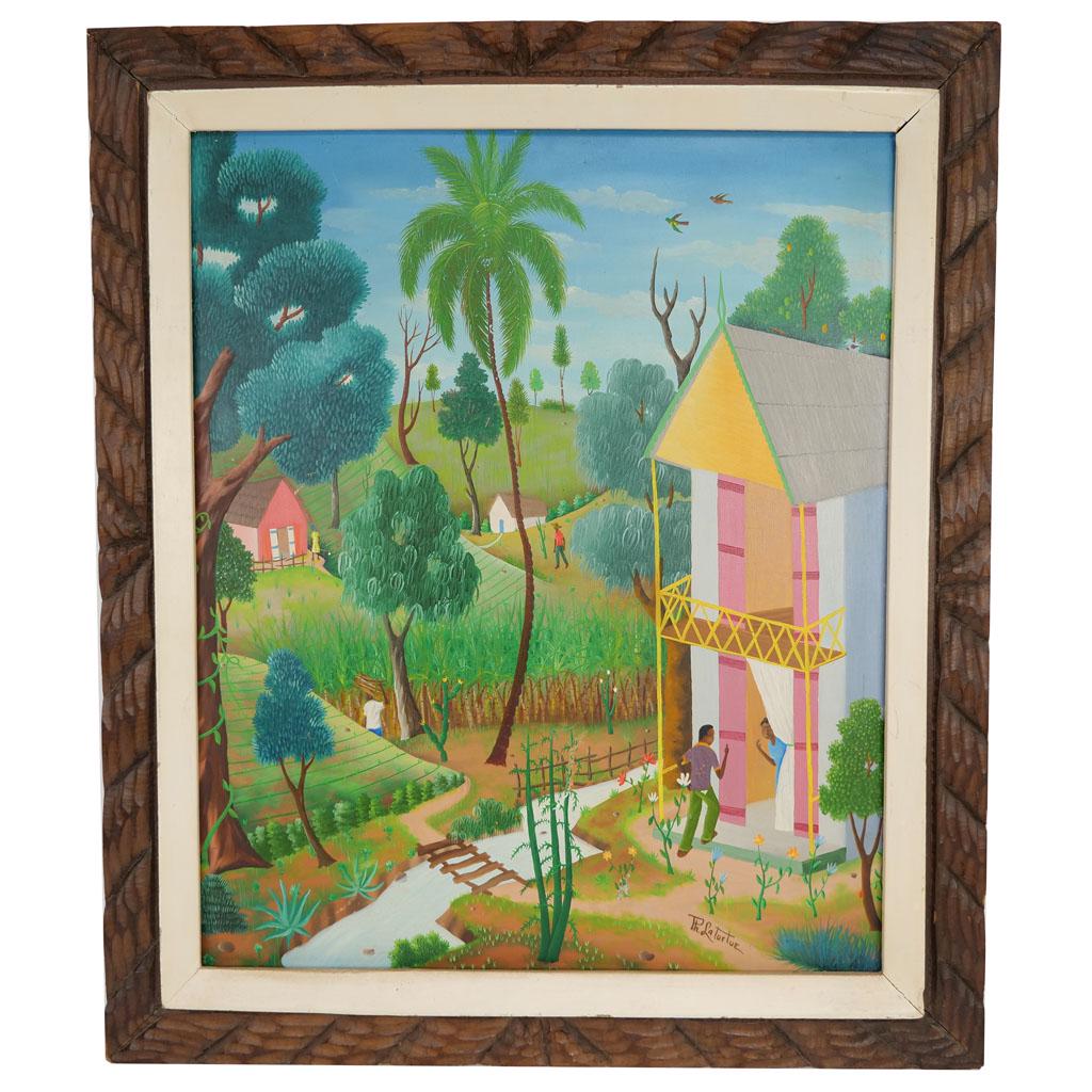 Philton LATORTUE: Village Scene - Oil Ptg.: Oil on masonite painting of a Haitian village scene with figure and stream by Philton Latortue. Provenance: From the Eileen and Marvin Reingold Collection. [Sight: 24" H x 19 1/2" W; Frame: 29 1/2" H