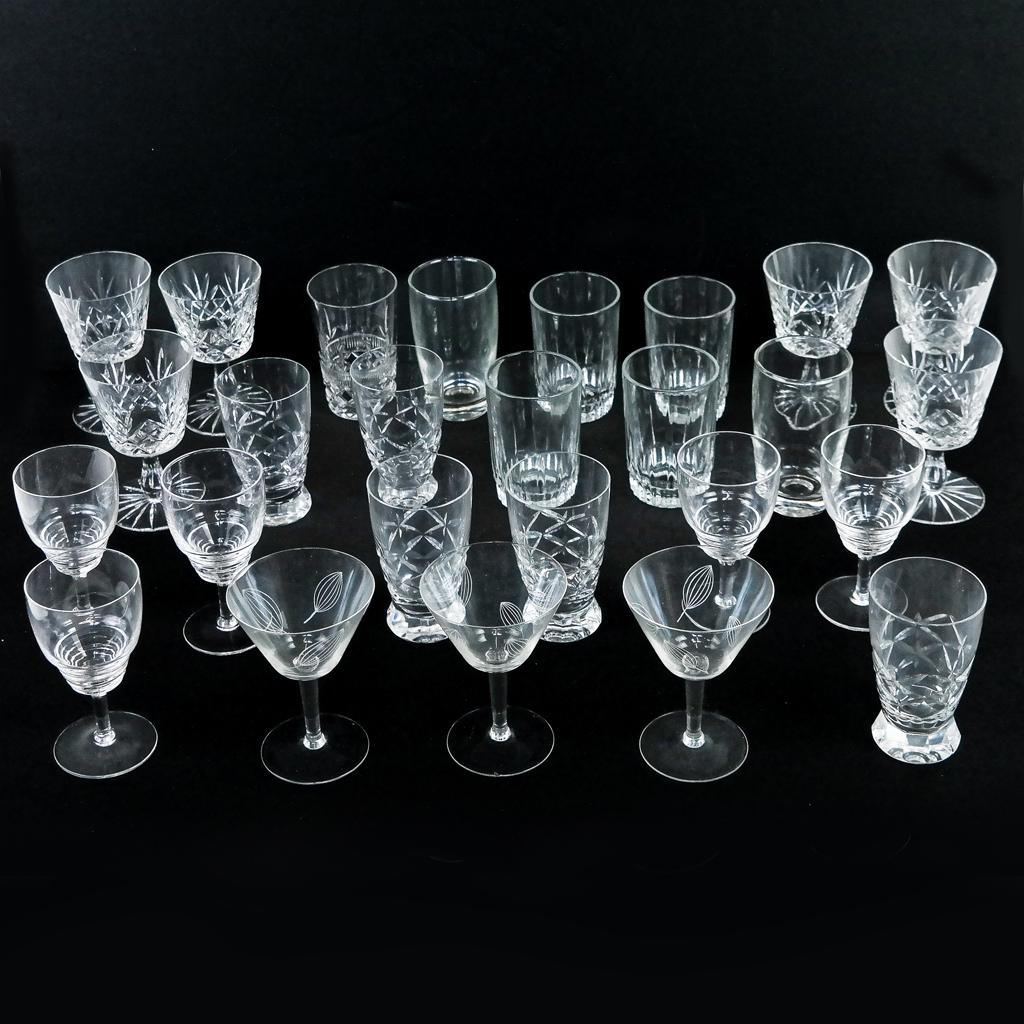 Clear Drinking Glass Group (26 Pcs.): Drinking glass group consisting of six small wine glasses, four small cut and faceted glasses, five small liqueur glasses with ribs, three similar with leaf design, four "Arcoroc" tumblers, two plain 