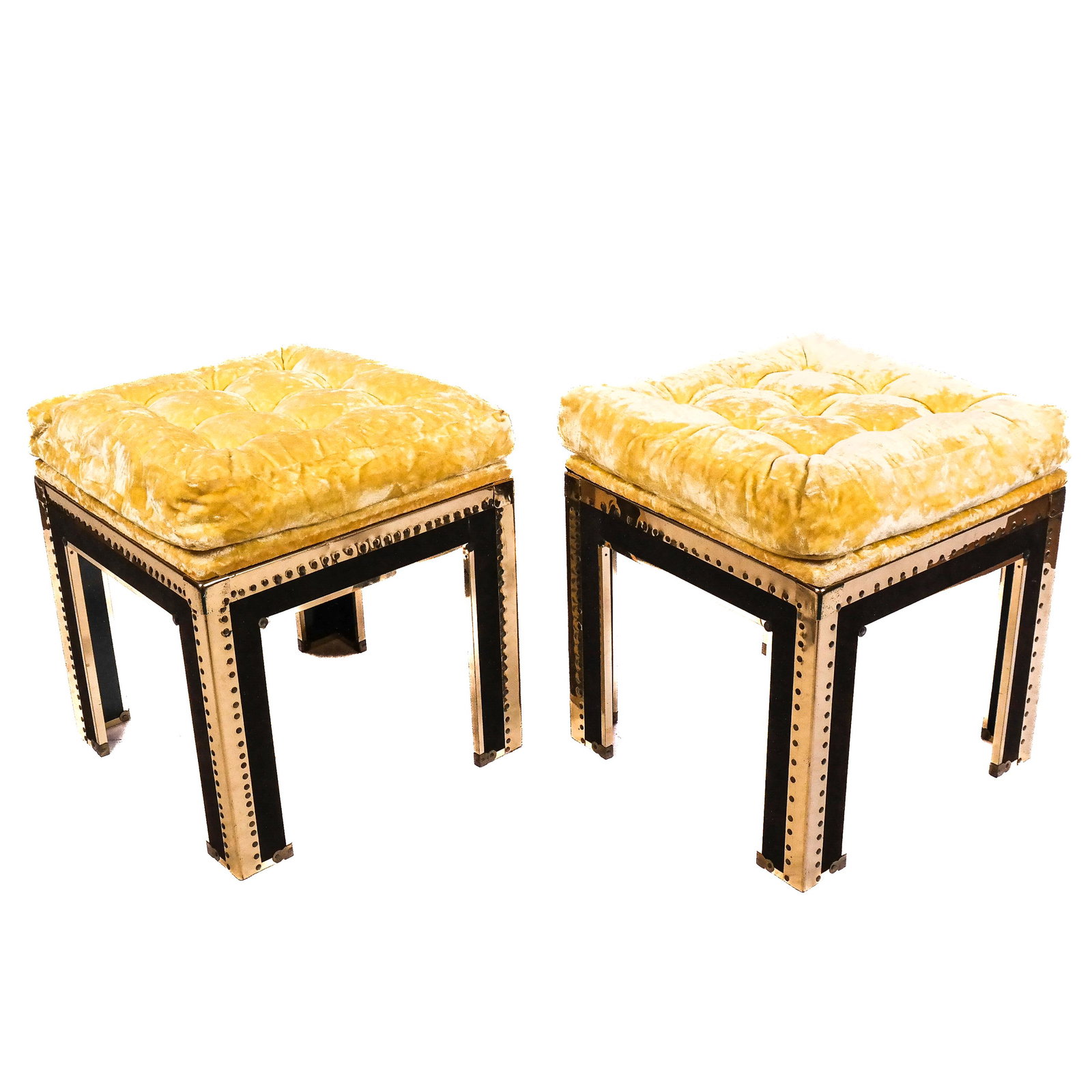Pair of Modern Brass-Clad Rivet Benches: Pair of modern brass-clad rivet benches with gold tufted upholstery, in the James Mont style. [20" H x 18" W x 18" D]. In overall good condition.