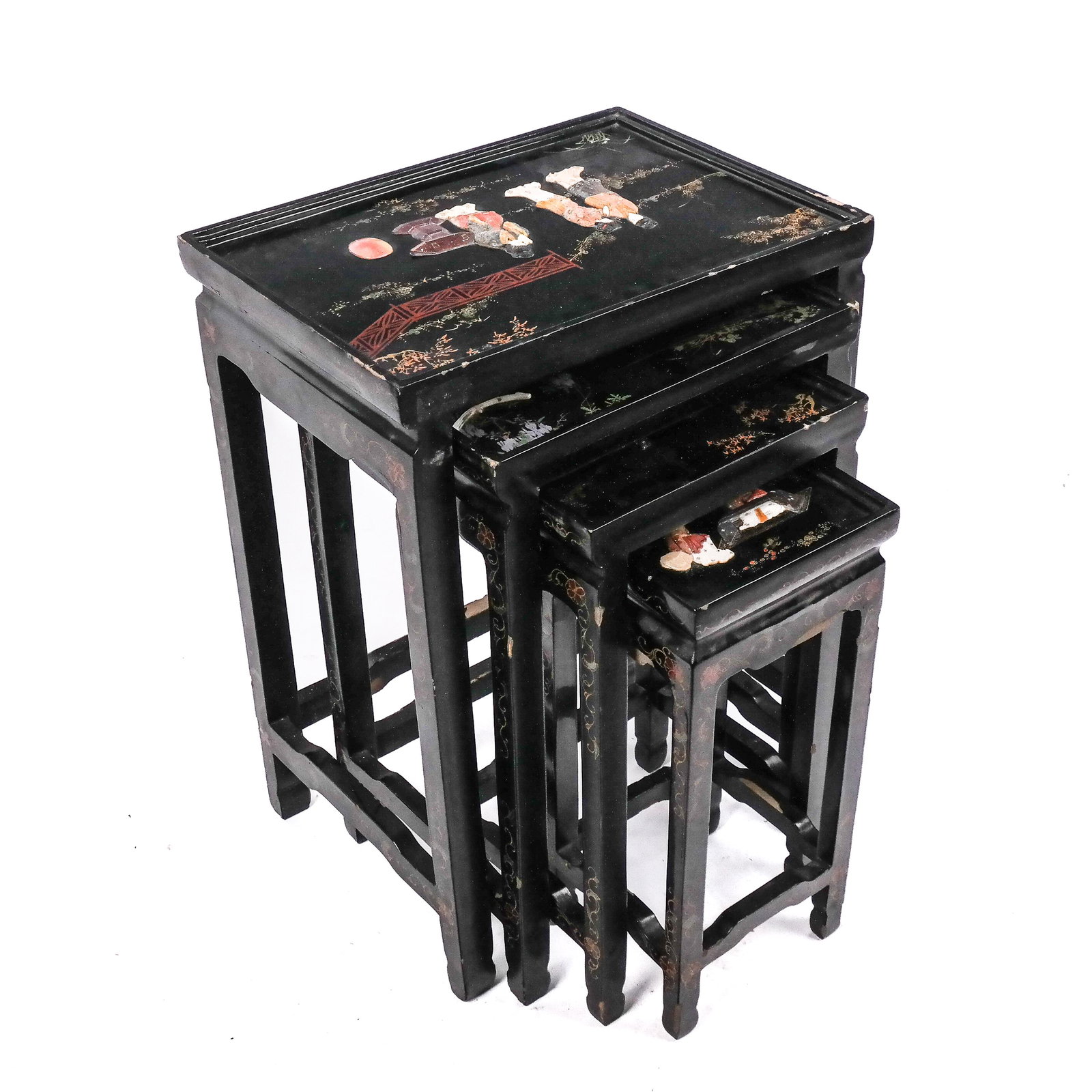 Japanese Black Nest of Four Tables: Japanese black painted and decorated nest of four tables. [Largest: 26" H x 19 1/2" W x 14" D].