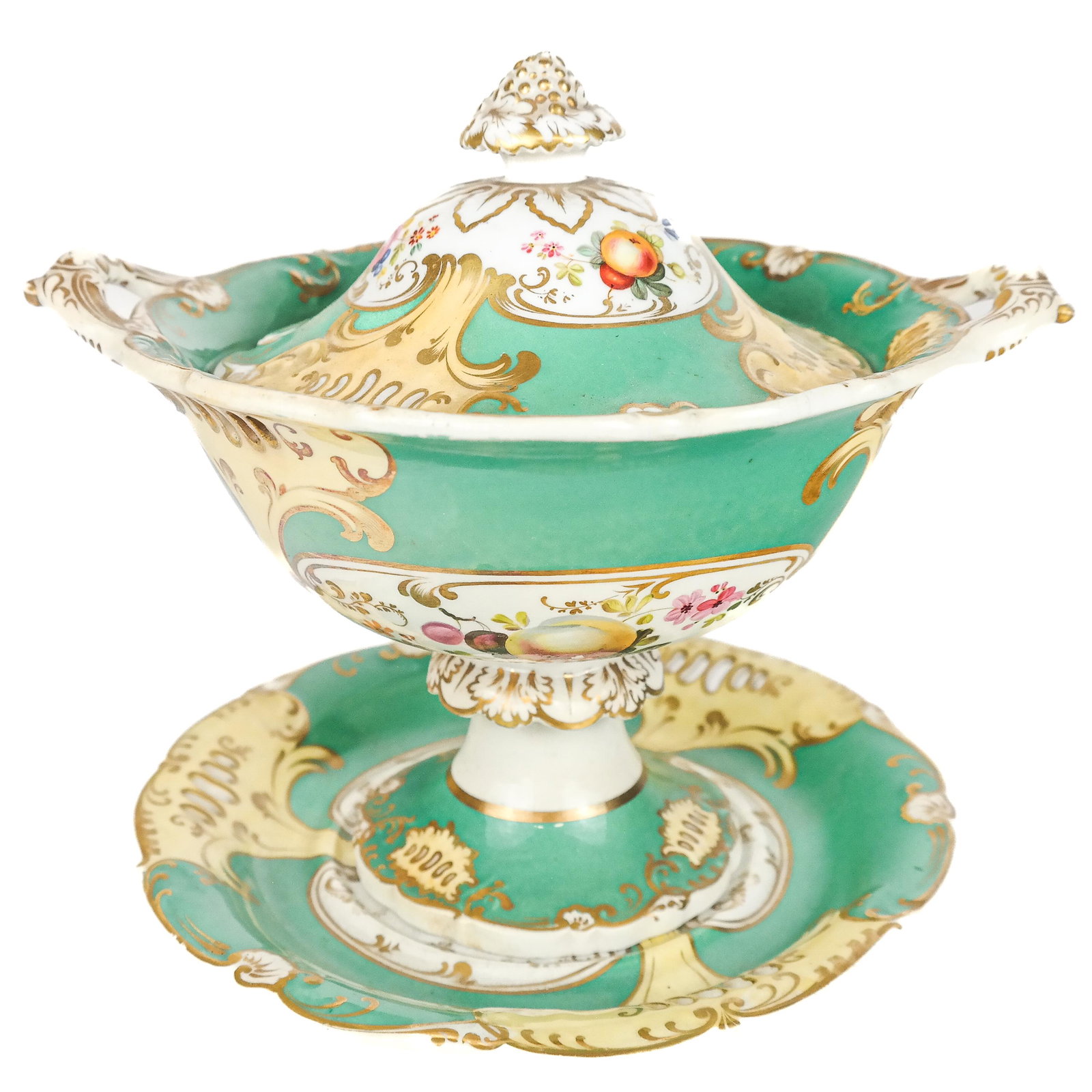 English China Compote, Floral Design: English china compote, probably Coalport or Spode, with green background, floral and gilt decoration. [7 1/2 x 8 x 7 inches]. Stains to the body, otherwise in very, very good condition.
