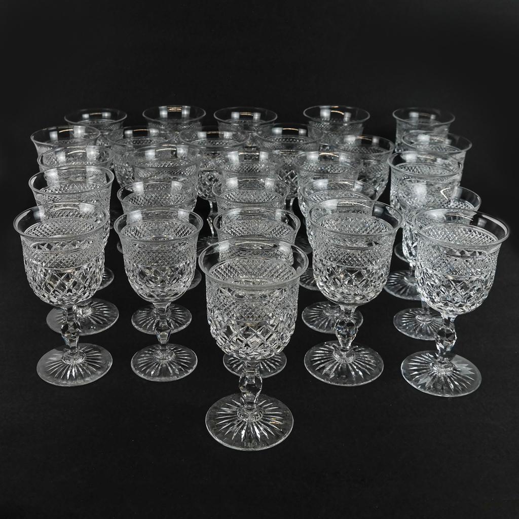 Large Group of English Webb Stemware: Large group of English Webb stemware comprising 20 red wine / water glasses, 14 wine glasses, 8 fortified wine glasses, all finely cut and acid-stamped to foot. 42 pieces. In good condition.