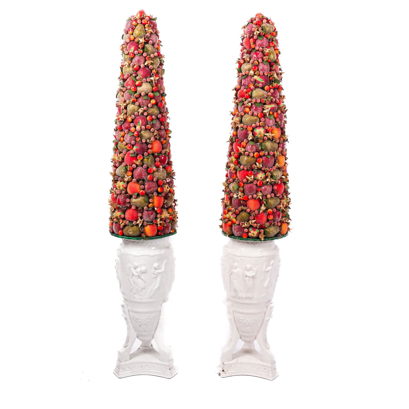 Large Pair of Portuguese Vases: Large pair of white Portuguese classical-style vases, 20th-21st century, each in the form of mounted amphora with frieze of revelers, on tripod supports with leaf and flower design, one marked "Safari