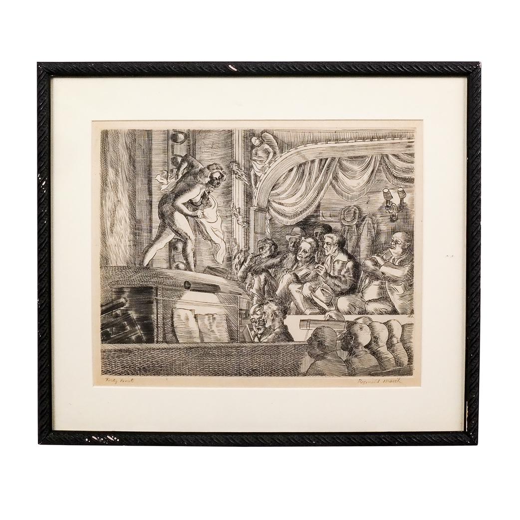 Reginald MARSH: "Burlesque" - Ltd. Ed. Print: Reginald Marsh (American, 1898-1854) "Burlesque" Limited Edition print, pencil annotated with "Forty Prints" and artist's signature, monogrammed in the print lower right, depicting an audience in fron