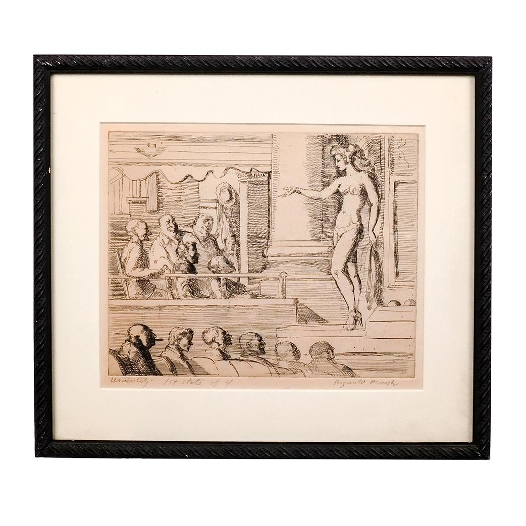 Reginald MARSH: "Union City" - Etching: Reginald Marsh (American, 1898-1954) "Union City" first state etching depicting a partially clad girl on stage. [Image: 8 1/2" H x 10 1/2" W; Frame: 13 1/4" H x 15" W]. Art in good condition; minor lo