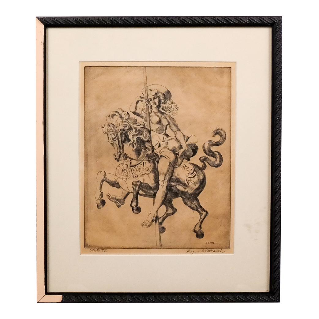 Reginald MARSH: "Carousel Girl" - Etching, 1943: Reginald Marsh (American, 1898-1954) "Carousel Girl" fourth state etching of a well-known image, dated and monogrammed lower right. [Image: 10 1/2" H x 8 1/2" W; Frame: 15 1/2" H x 13 1/4" W]. Art in
