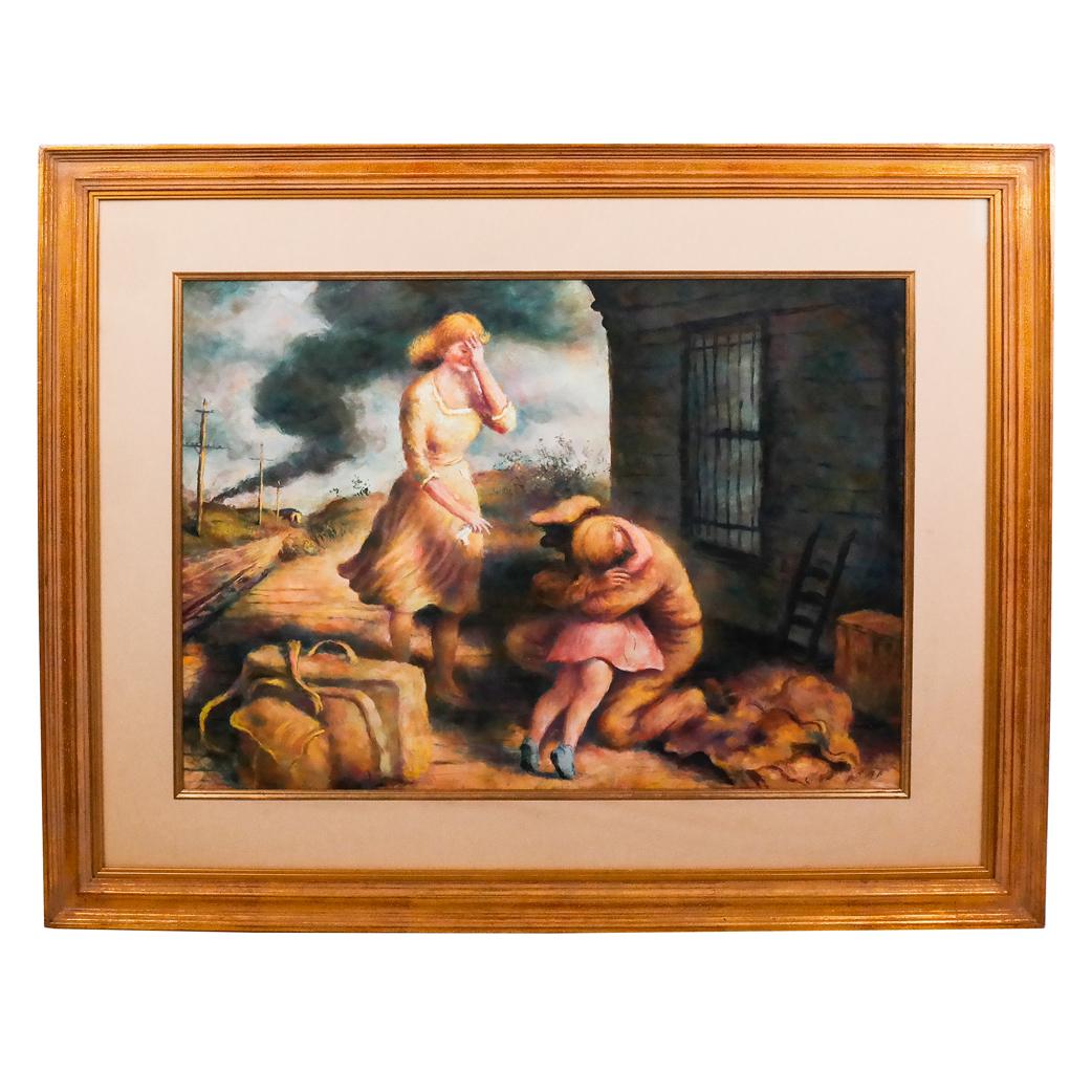 Manner of Reginald MARSH: "Homecoming" - M/M: Large mixed media work in the manner of Reginald Marsh (American, 1898-1954) monogrammed "R.M." lower right, circa 1946, depicting a returning soldier from the Pacific theatre of World War II greeting