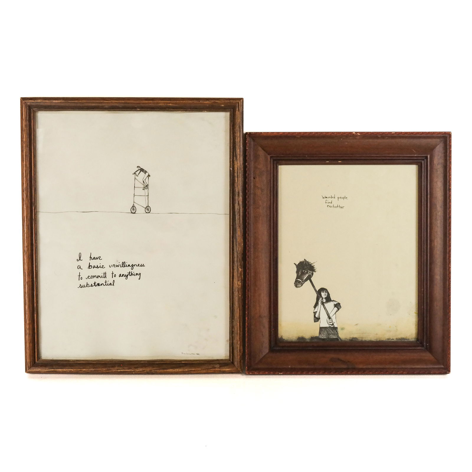 Mel KADEL & Brian CANNING: Pen & Ink Collage: Mel Kadel and Brian Canning pen and ink collage titled "Wounded People Find Each Other", signed lower right [Image: 13" H x 10 1/2" W; Frame: 15" H x 12" W], and "I Have a Basic Unwillingness", pencil