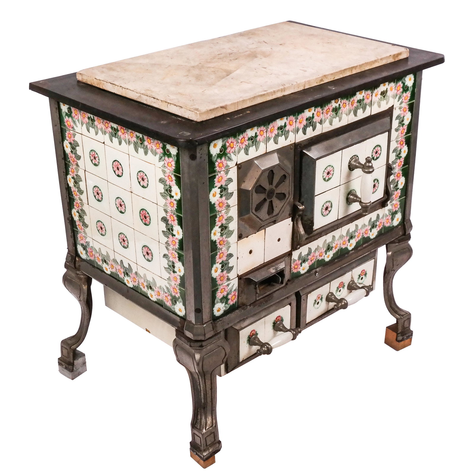 Continental Painted Tile Stove: Early 20th century Continental painted tile stove, with floral decoration and storage drawers. [33" H x 33" W x 20 3/4" D]. Top later and sitting askew; stains and cracking to tiles; oxidation and wea
