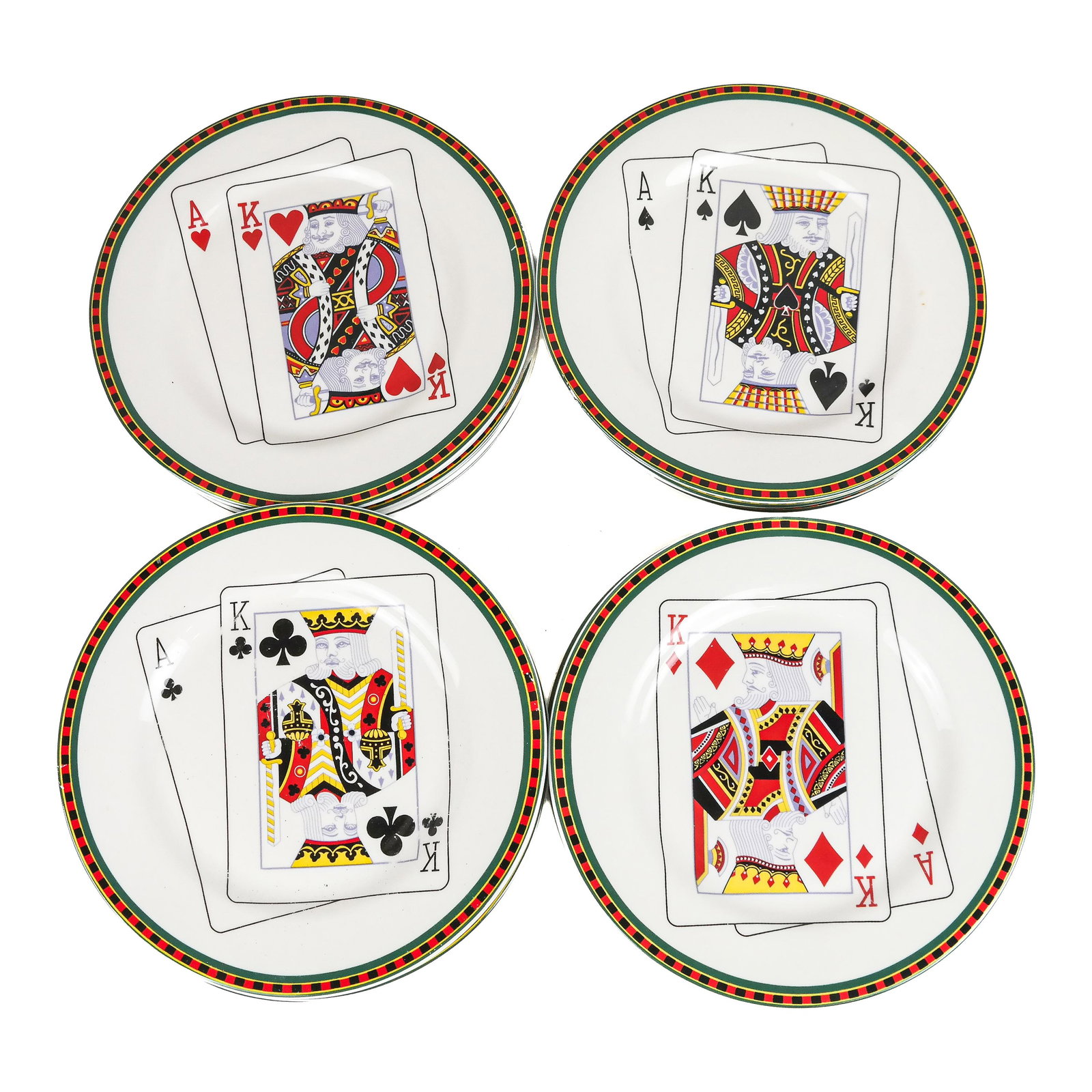 16 "Casino" Side Plates by American Atelier: Sixteen "Casino" side plates by American Atelier, decorated with ace and king, or "vingt-et-un", in all the suits, made of stoneware so dishwasher and microwave safe, signed by company. [8" Diam.]. In