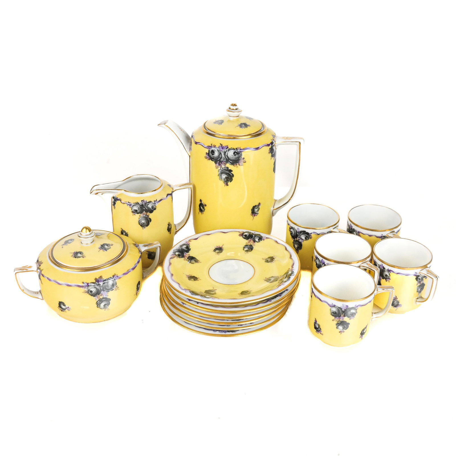 Small Dresden Decorated Coffee Set: Small 20th century Dresden decorated coffee set consisting of coffee, milk and sugar bowl with six saucers and five cups, having gray decoration on yellow ground with gilding; marked "Handgermalt". [L