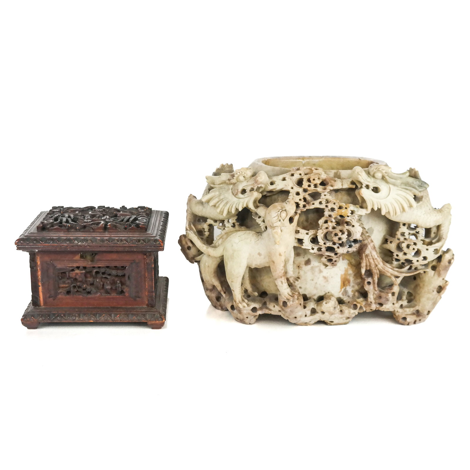 Soapstone Carving and Carved Wood Box: Animal carved soapstone in vase form [8" H x 14" W x 8" D] and a carved wood hinged top box [5" H x 7" W x 5 1/2" D].