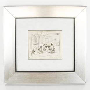 Minas AVETISIAN: Drawing, Figures Under Tree: Minas Avetisian (Armenian, 1928-1975). Ink and graphite drawing on paper, circa 1963, depicting an outdoor scene with two figures seated under a tree, illegibly signed and dated lower right, inscribed