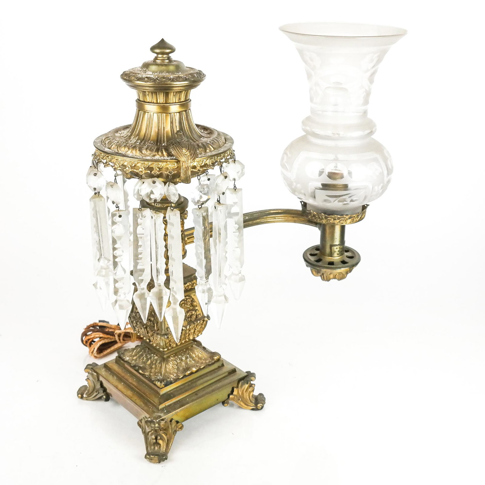 Brower & Rusher American Argand Lamp: Bronze highly designed body with whimsical bird mount, the arm with frosted hurricane shade, signed "Brower & Rusher, New York". [18" H x 14" W x 10" D].