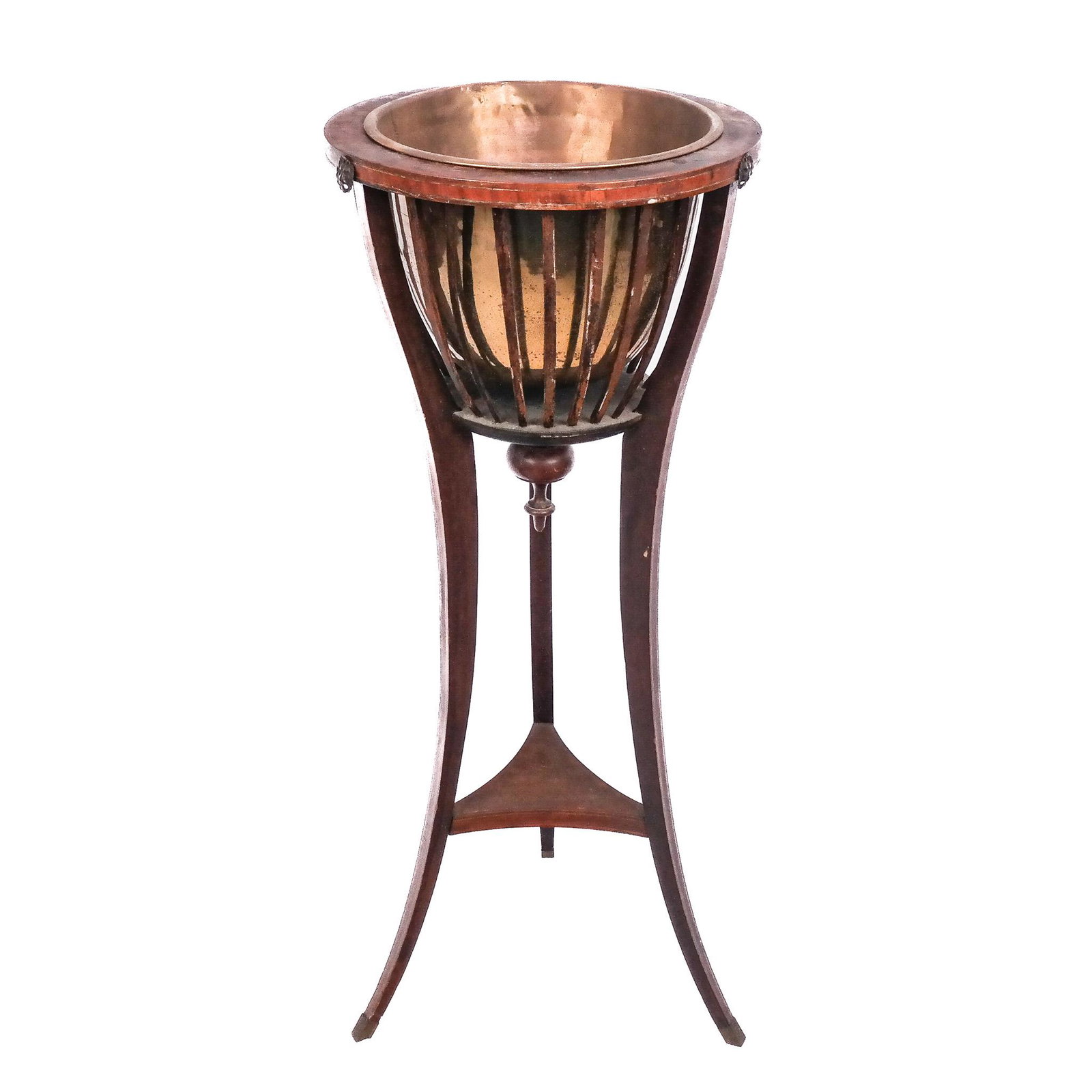 English Regency-Style Inlaid Plant Stand: English Regency-style inlaid plant stand, early 20th century, the jardiniere or wine cooler with brass line and raised on tripod base. [36 1/2" H x 14 1/2" Diam.]. Oxidation, marks, losses and wear.