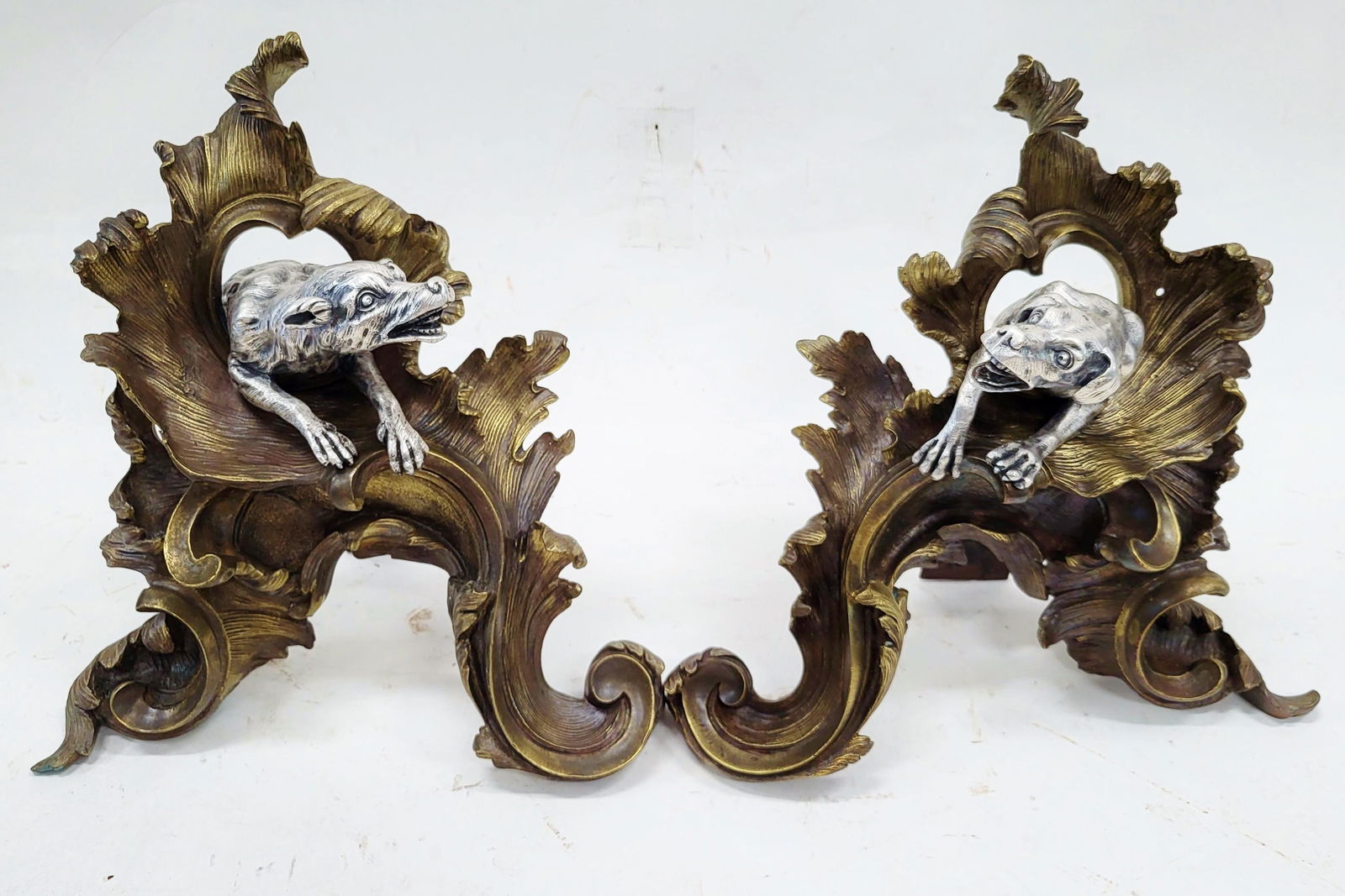 Pair of Silvered Bronze Hunting Dog Andirons (1 of 15)